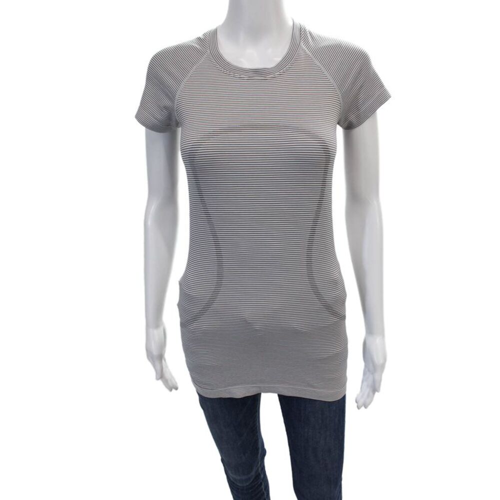 Lululemon Womens Stripe Printed Basic Short Sleeve Stretch T-Shirt White Size 4